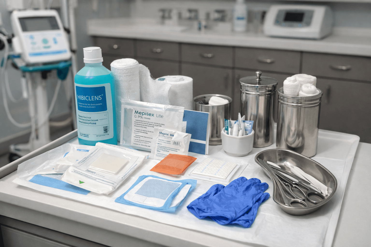 Wound care supplies arranged in a professional clinical setting